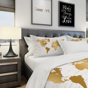 World Map Bedding, White and Gold World Map Bedding, Travel Bedding, Inspirational Quote Map Bedding, Travel Bedroom Decor, Explore Bedding image 4