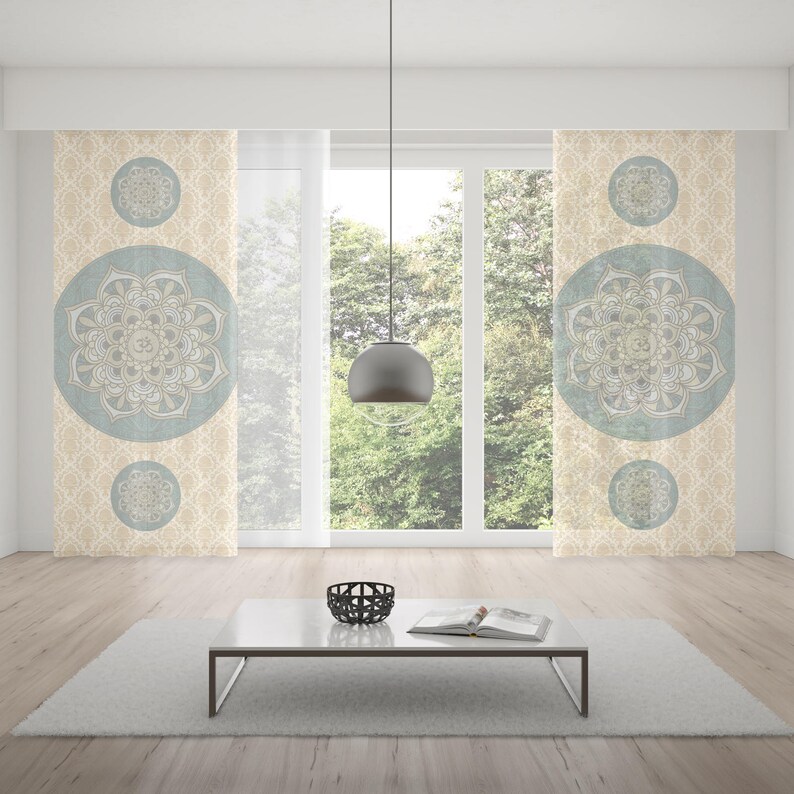 Sacred Om Boho Chic Window Curtain,Window Treatment,Rod Pocket Curtain,Blue Bohemian Curtain,Room Decor,Living Room Decor,Chakra Curtain