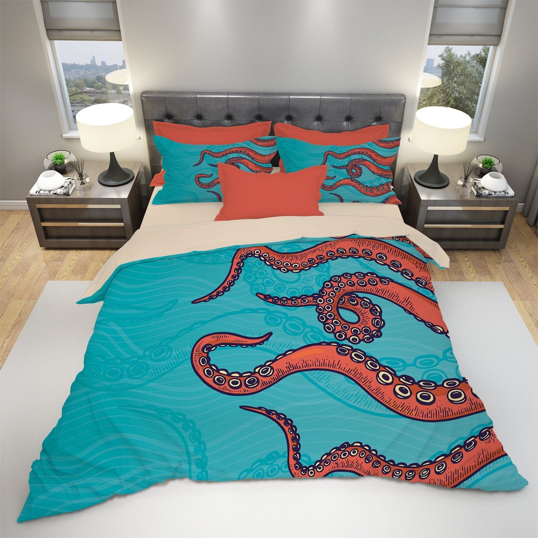 Bed Linen 220 x 240 cm Blue Octopus, 3-Piece Brushed Microfibre