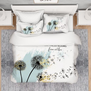 Art Dandelion Comforter Set, Floral Art Comforter, Black And White Comforter, Positive Quote Comforter, Music Note Full Queen King Comforter