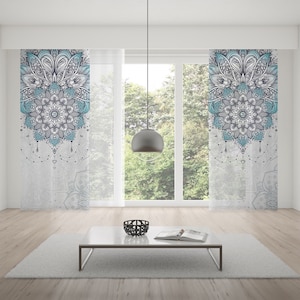 Blue Gray Mandala Window Curtains: Om Design, Rod Pocket