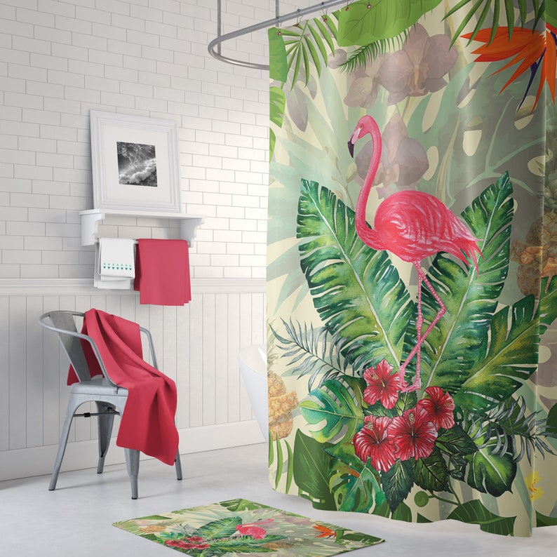 flamingo bath mat bath mat set palm leaf bath mat bathroom | etsy