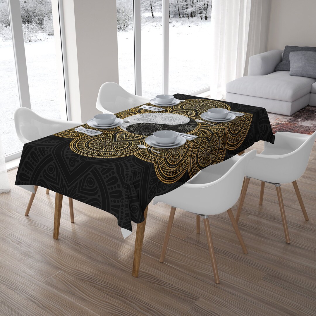 Black and Gold Yin Yang Tablecloth, Yin Yang Tablecloth, Mandala