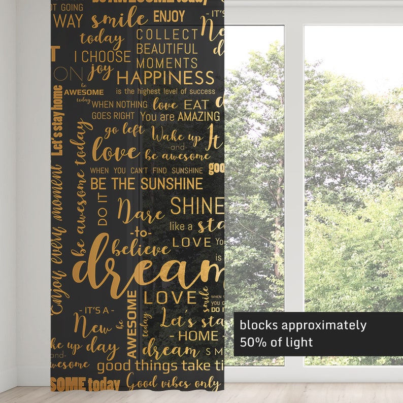 Black and Gold Modern Window Curtains Quotes Window Curtains Inspirational Window Curtains Abstract Window Curtains Rod Pocket Curtains