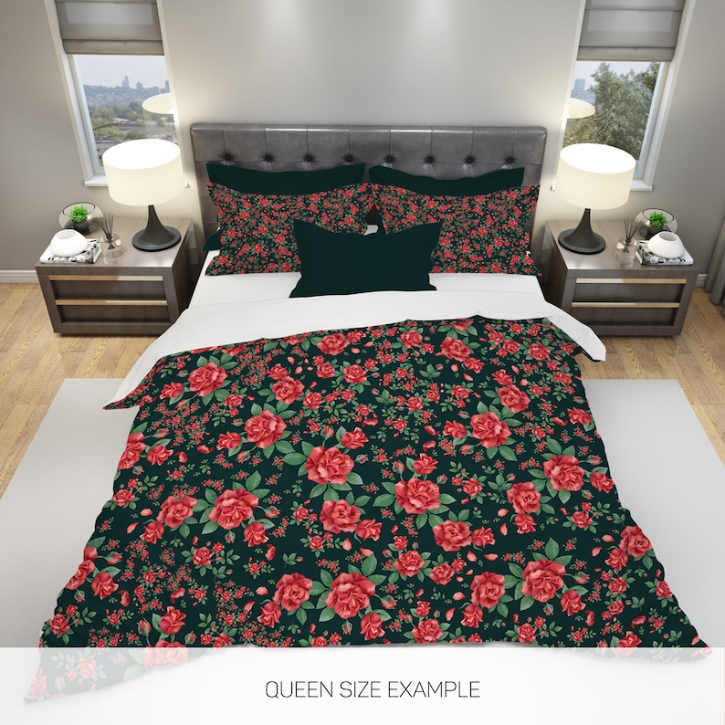 Fl Bedding Roses Flower Rose Red Decor Vintage Queen Set Duvet Cover