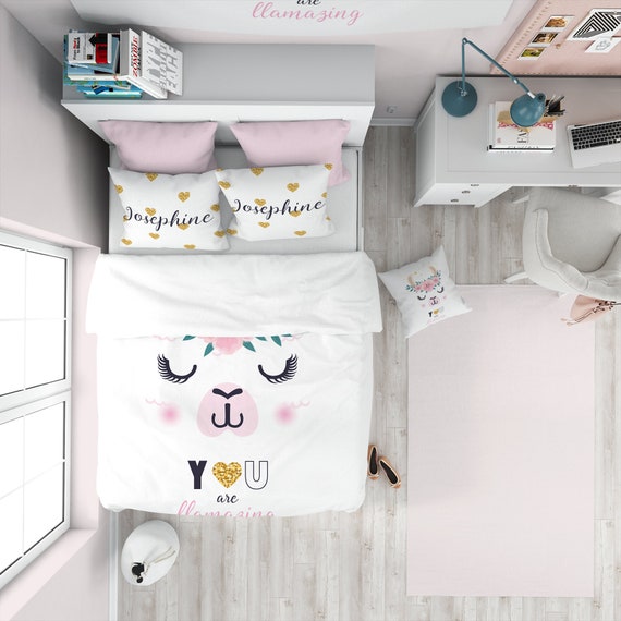 Llama Bedding Personalized Llama Bedding Kids Bedding Girls Room Decor Custom Name Bedding Custom Duvet Cover Girls Bedding Etsy Canada