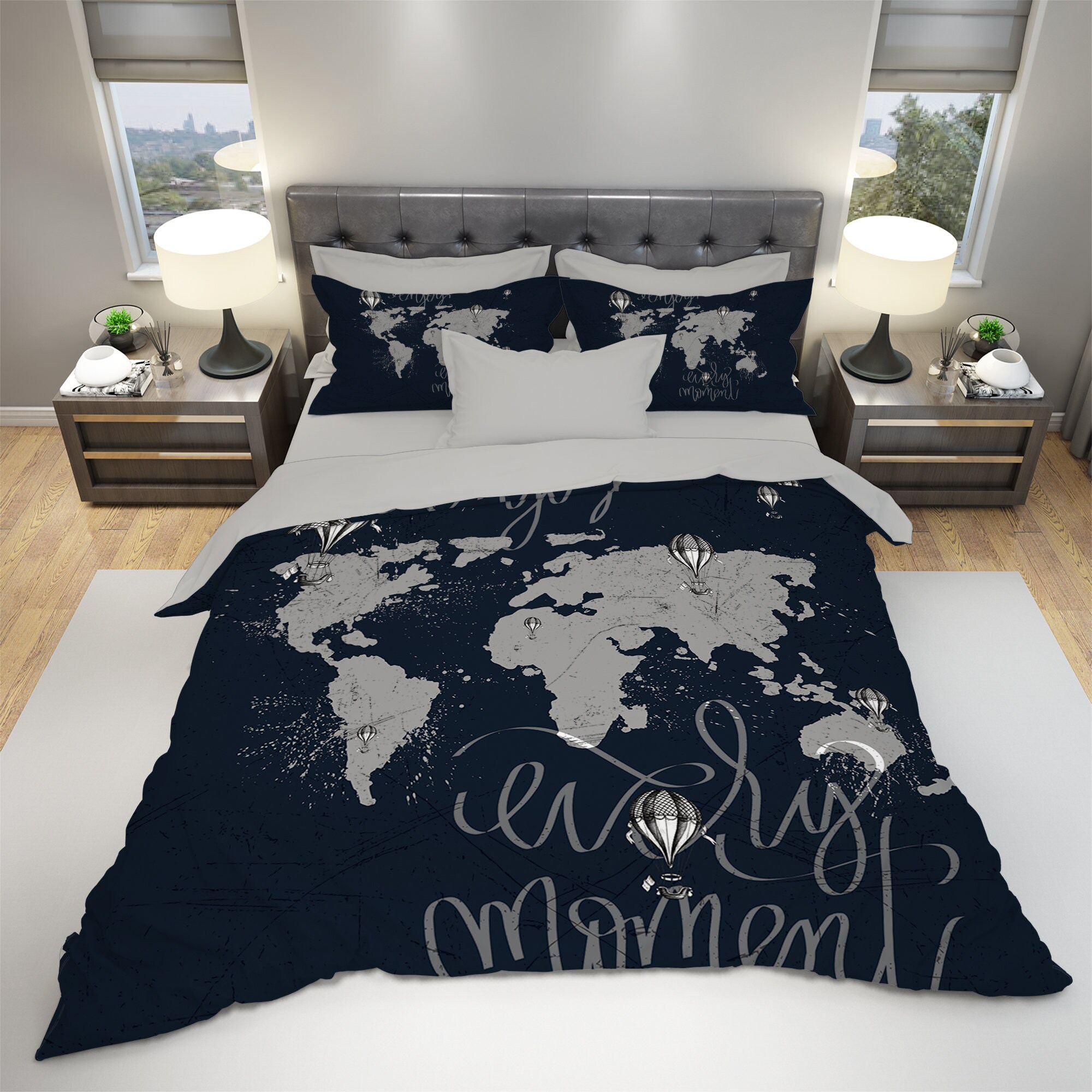 World Map Bedding Dark Navy Blue World 