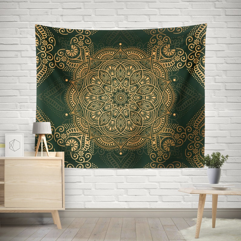 Mandala Tapestry Mandala Wall Hanging Green and Gold Mandala Etsy