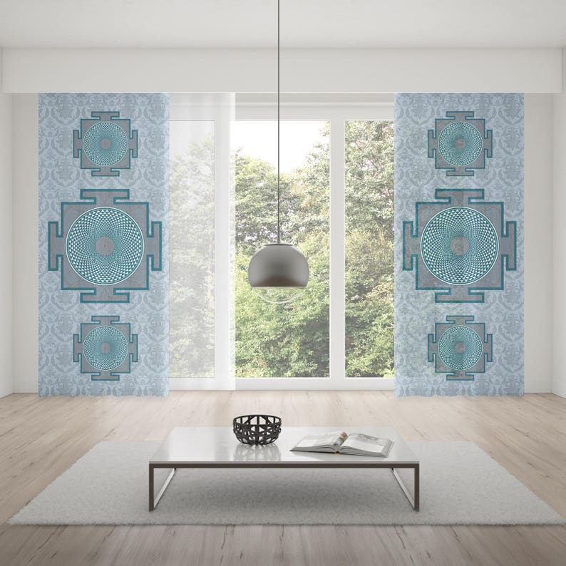 Sri Yantra Boho Chic Window Curtain,Window Treatment,Rod Pocket Curtain,Blue Bohemian Curtain,Room Decor,Living Room Decor,Chakra Curtain