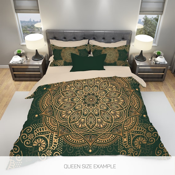Mandala Bedding Green And Gold Mandala Duvet Cover Mandala Etsy
