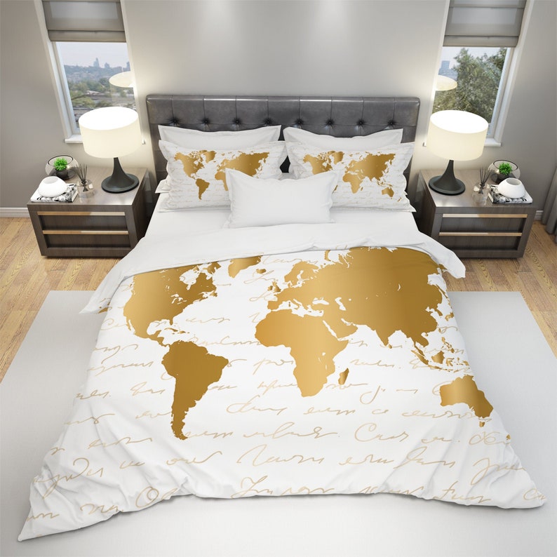 World Map Bedding, White and Gold World Map Bedding, Travel Bedding, Inspirational Quote Map Bedding, Travel Bedroom Decor, Explore Bedding image 1