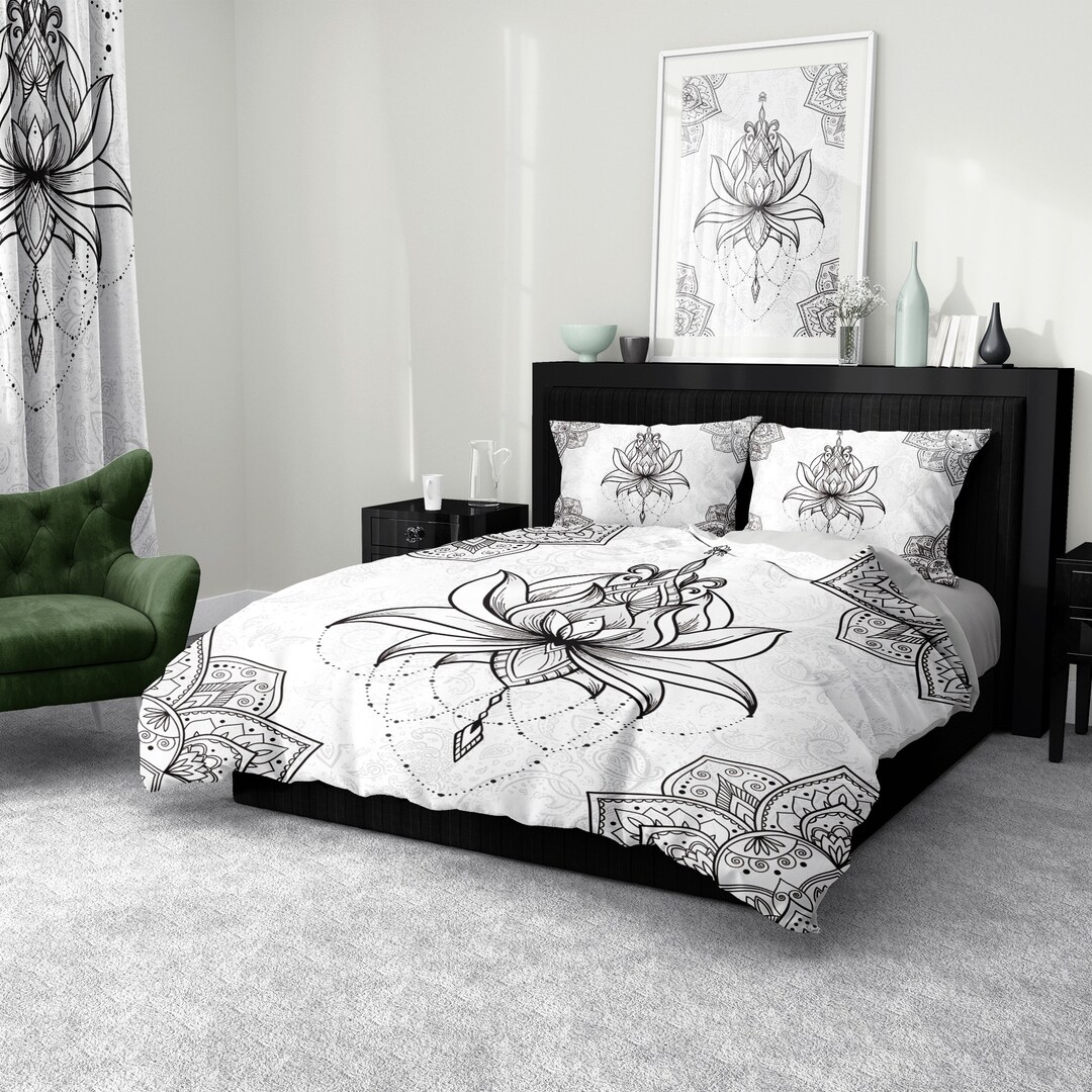 Black and White Boho Comforter, Lotus Comforter, Boho Comforter, Boho