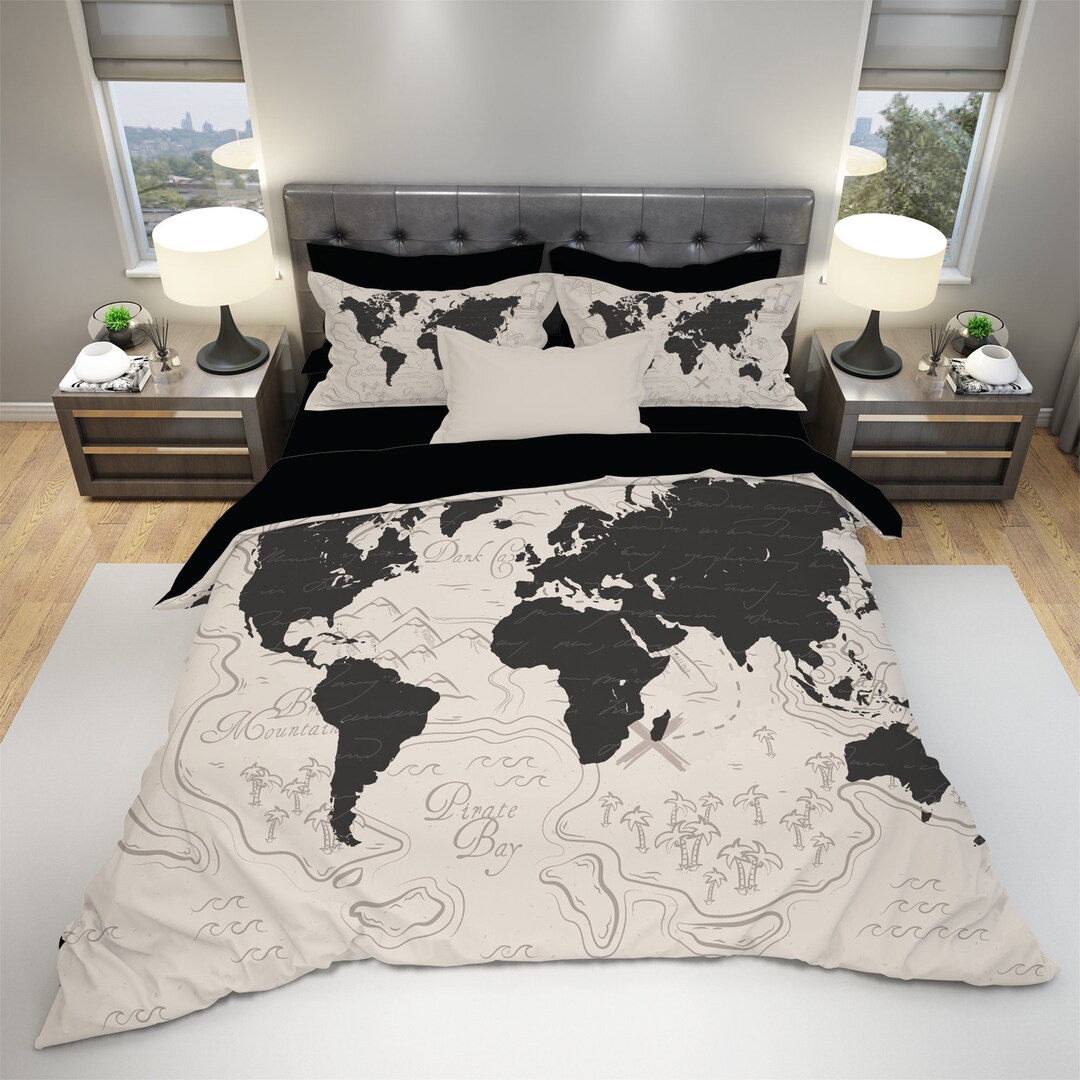 Beige World Map Bedding, World Map Bedding, Worldmap Duvet Cover, King