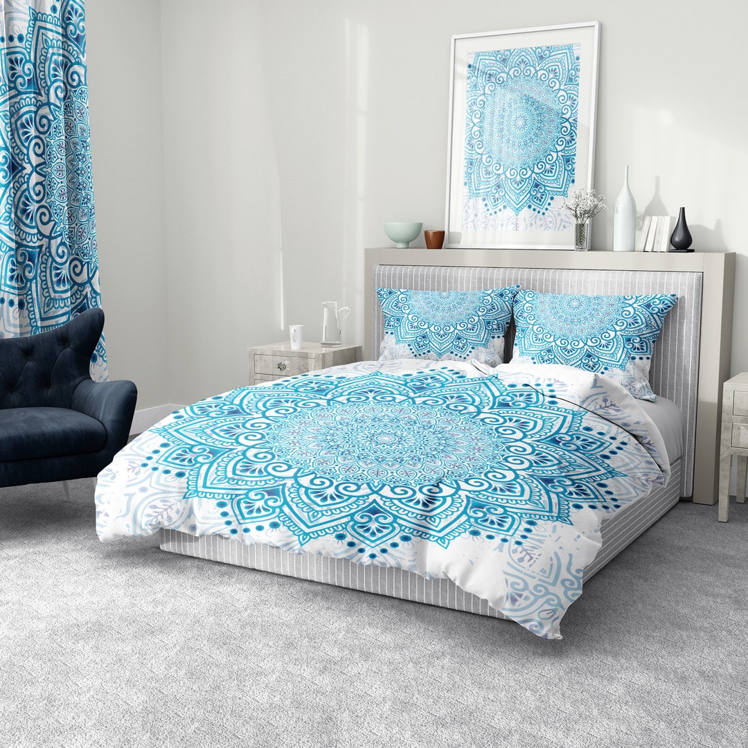 White and Blue Mandala Comforter, Mandala Comforter, Boho Comforter