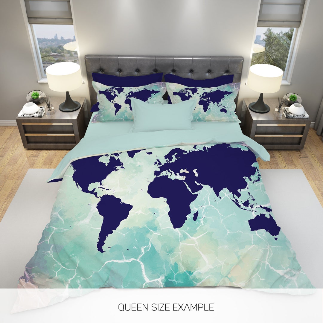 World Map Bedding, Watercolor World Map Bedding, Travel Bedding 
