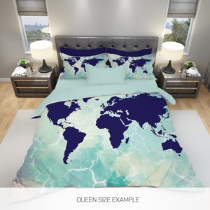 World Map Bedding, Watercolor World Map Bedding, Travel Bedding 