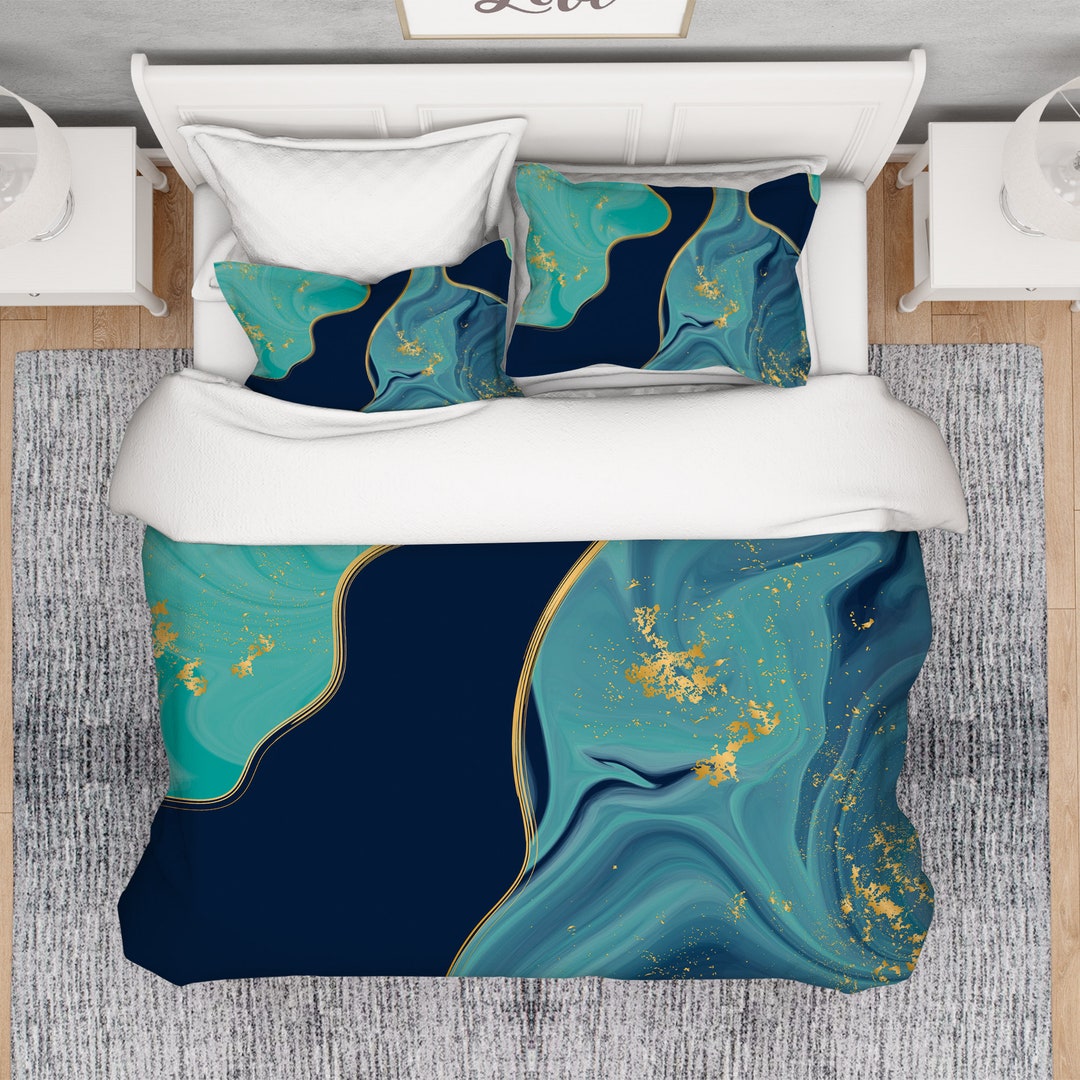 Blue and Gold Comforter Set Marble Comforter Art Line - Etsy