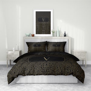 Handmade Art Deco Comforter: Black and Gold Geometric Stripe Bedding