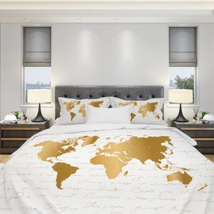 World Map Bedding, White and Gold World Map Bedding, Travel Bedding, Inspirational Quote Map Bedding, Travel Bedroom Decor, Explore Bedding image 3