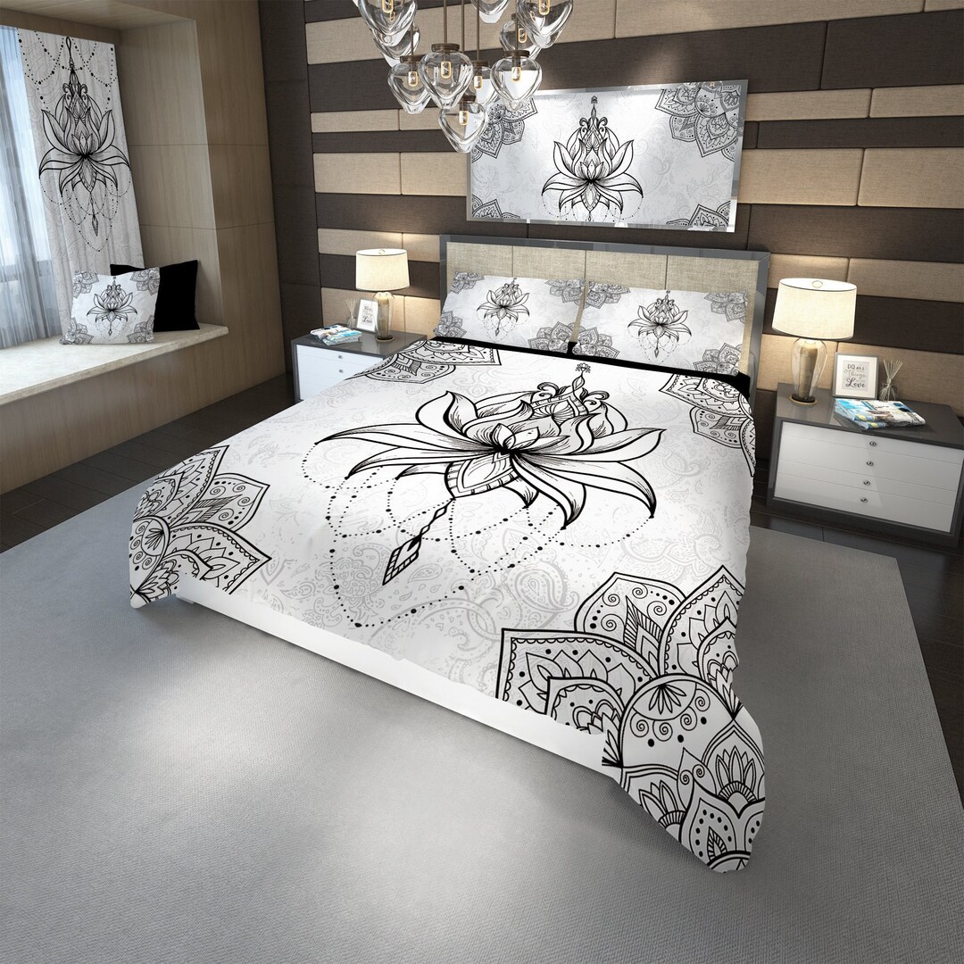 Black and White Boho Bedding, Lotus Bedding, Boho Bedding, Boho Bedroom