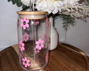 Flower Glass Cup | Iced Coffee Glass | Cute Cup | Glass Can | Trendy Glass Cup | Iced Coffee Lover | 16oz Beer Can Glass Cup | Gift For Her