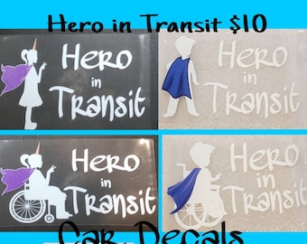 Hero in Transit Vinyl Decal - Car Window Awareness Superhero Wheelchair Standing Unicorn Cape Girl Cape Boy White Purple Blue