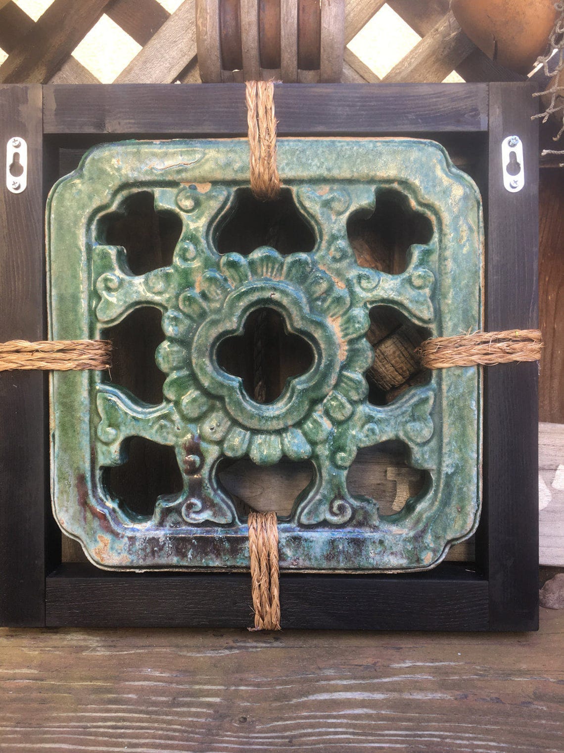 Green Chinese Jade Tile 5 w/wood frame and sennit lashing Etsy