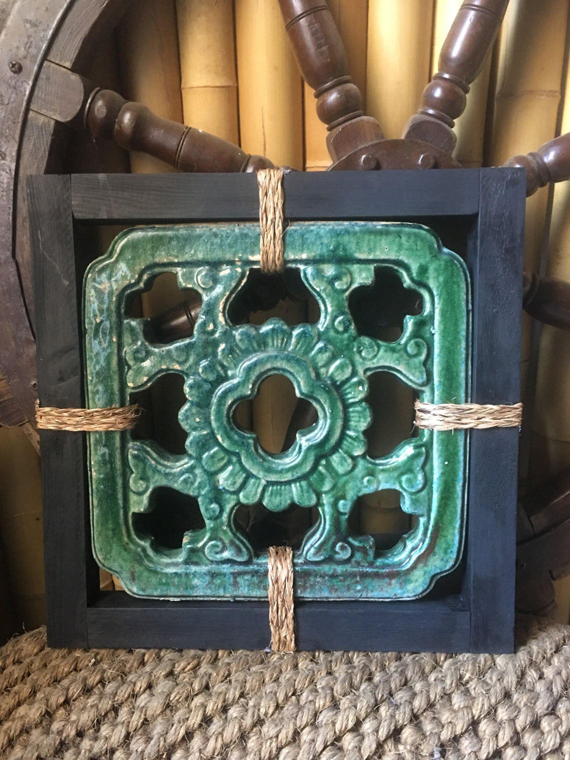Green Chinese Jade Tile 5 w/wood frame and sennit lashing Etsy