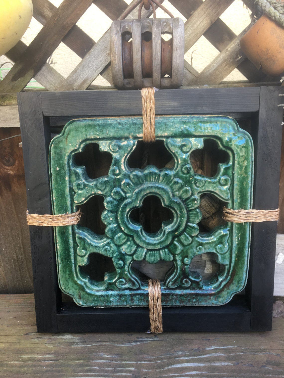 Green Chinese Jade Tile 5 w/wood frame and sennit lashing Etsy