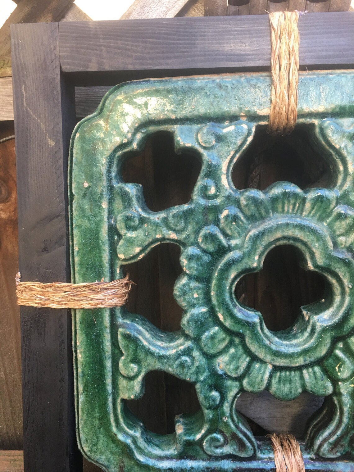 Green Chinese Jade Tile 5 w/wood frame and sennit lashing Etsy