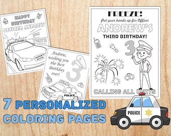 POLICEMAN Birthday Party Coloring Pages Personalized Supplies Printable Children Table Decorations Digital