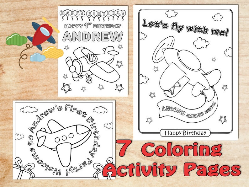 Airplane Birthday Party Coloring Pages Plane instant First | Etsy