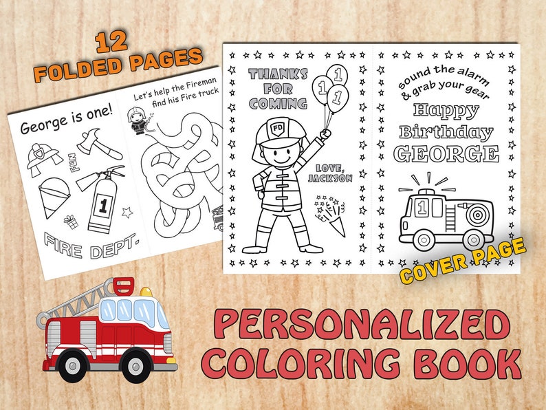Firetruck birthday party coloring book Fireman Birthday Fire | Etsy