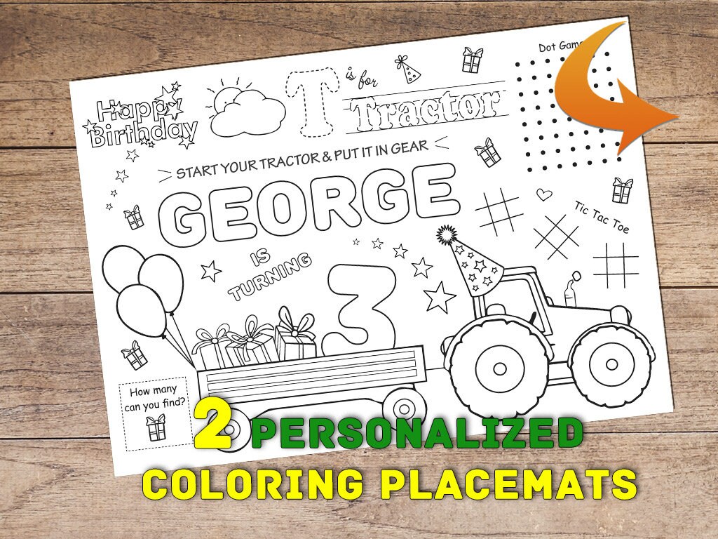 Tractor Birthday Party Coloring Pages Green tractor placemat | Etsy