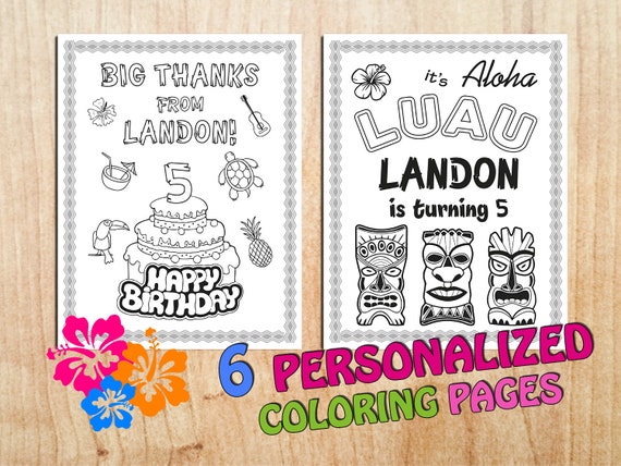 Personalized Hawaiian Luau Birthday Party Coloring Pages Beach Party Supplies Sea Swim Flip Flop Printable Digital