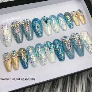 Blue Turquoise Ombre Glitter Swarovski Crystal Fairy Dust Press On Nails | Any Shape | Fake Nails | False Nails | Glue On Nails