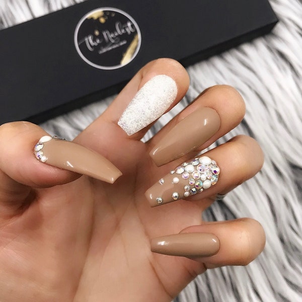 Glossy Brown Nude Pearl Glitter Crystal Press On Nails | Gothic| Any Shape | Fake Nails | False Nails | Glue On Nailes