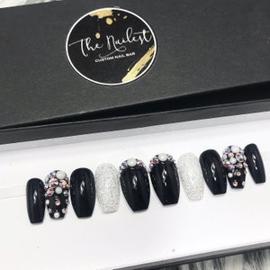 Glossy Black Pearl Glitter Crystal Press on Nails Gothic Any Shape Fake ...