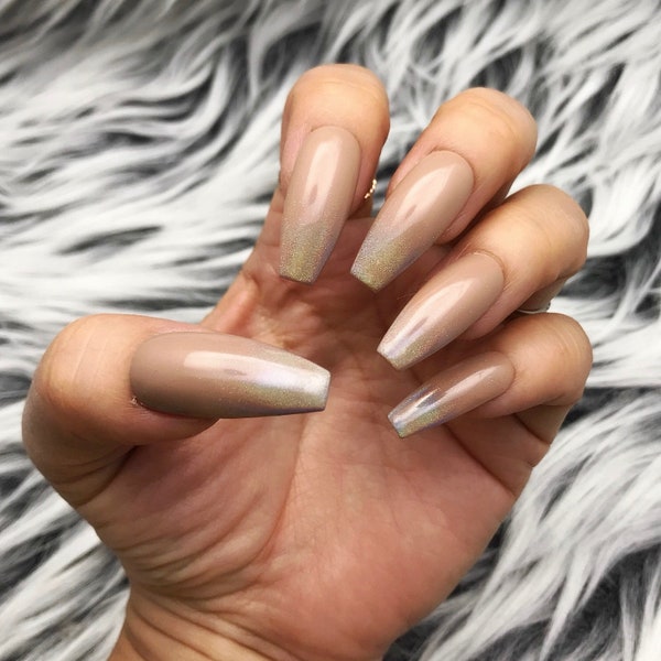 Mocha Nudy Iridescent Pastel Nude Hologram Ombre Press On Nails | Any Shape | Fake Nails | False Nails | Glue On Nailes | The Nailest