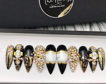 Your Highness Egyptian Royal Black Gold Swarovski Crystal Nails | Press On Nails | Fake Nails | False Nails | Glue On Nails | Bridal Nails