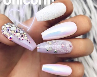 OG Unicorn Chrome Swarovski Crystal Pastel Iridescent Glitter Press On Nails | Unicorn| Any Shape | Fake Nails | False Nails | Glue On