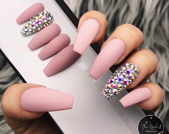 Opalescent Acrylic Nails solid set w crystal bling accent press on nails any shape fake nails false nails glue on nails