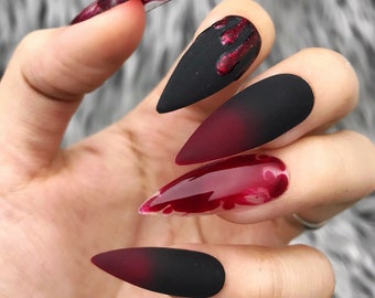 Black Red Blood Drip Splatter Halloween Press On Nails | Any Shape | Fake Nails | False Nails | Glue On Nails