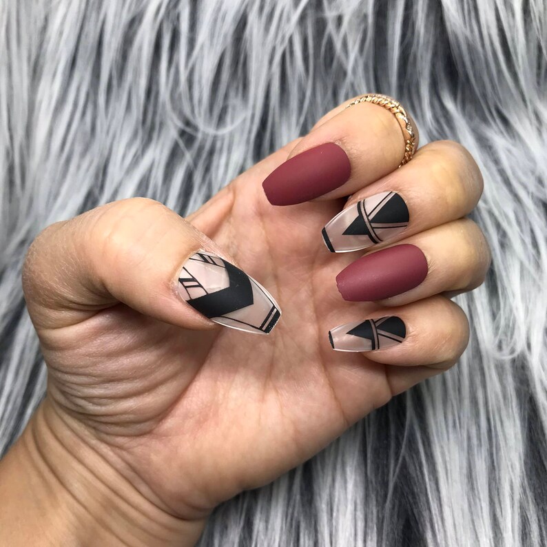 Ready To Ship Maya Matte Black Geo Printed W Burgundy Press On Nails Full Set Fake Nails False Nails Glue On Nails