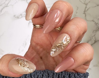 Handmade- Ecru Moonstone Gold Glitter Accent Press On Nail Set | Any Shape | Fake Nails | False Nails | Glue On Nailest