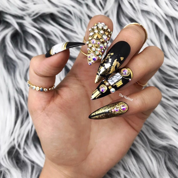 Your Highness Egyptian Royal Black Gold Swarovski Crystal Nails | Press On  Nails | Fake Nails | False Nails | Glue On Nails | Bridal Nails