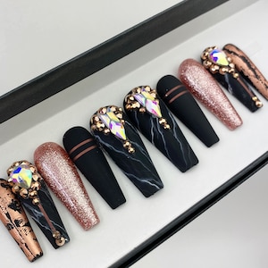 Black Swan Marble and Rose Gold Swarovski Crystal Nail | Press On Nails | Any Shape | Fake Nails | False Nails | Glue On Nails | Bridal Nail