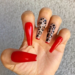 Haute Red mixed w Leopard Animal Print Press On Nails | Any Shape | Fake Nails | False Nails | Glue On Nailest