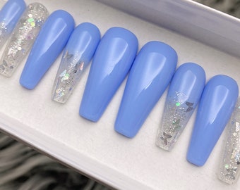 Simply Butterfly- Sky Blue Color Press On Nails | Any Shape | Fake Nails | False Nails | Glue On Nailest
