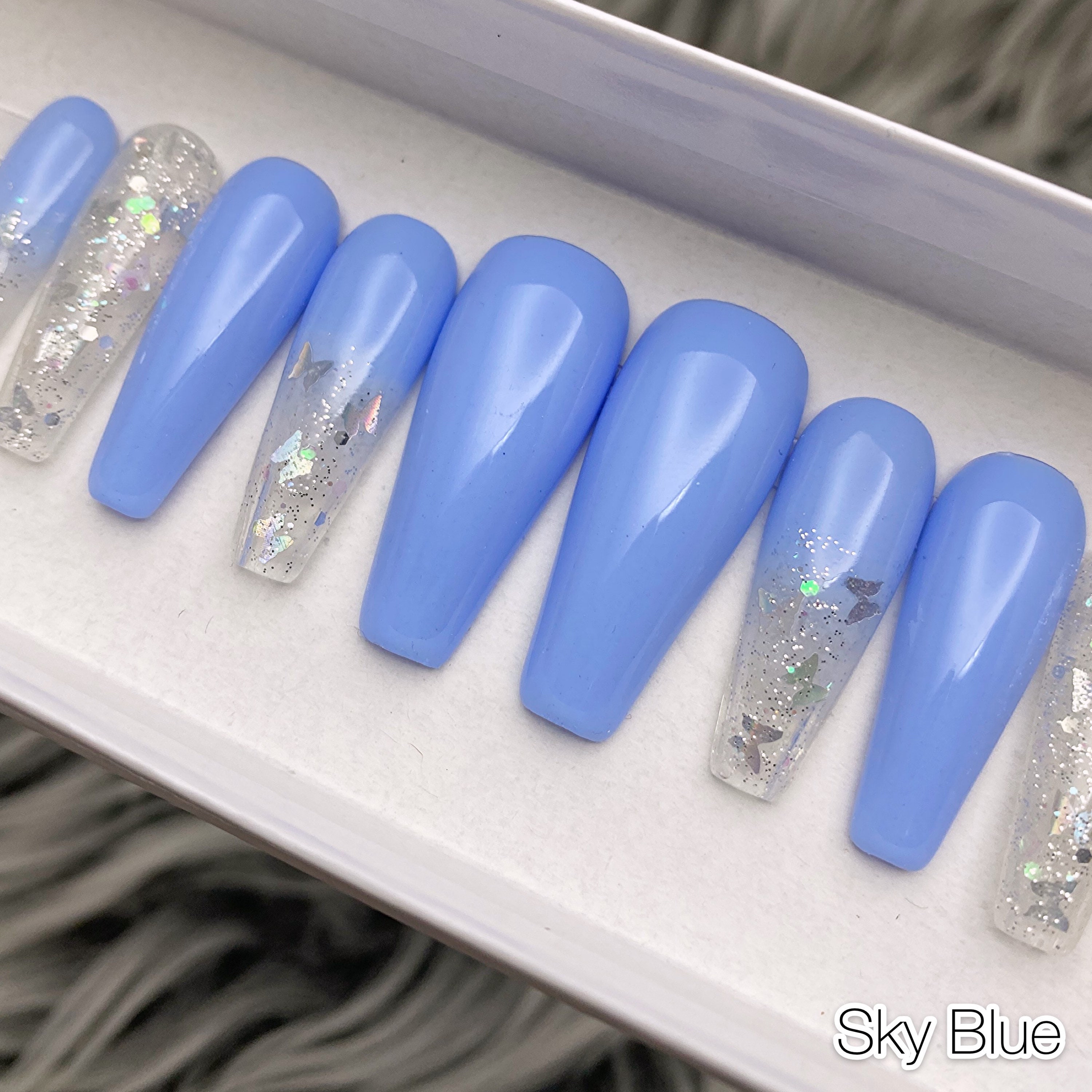 Simply Butterfly Sky Blue Color Press On Nails Any Shape Etsy